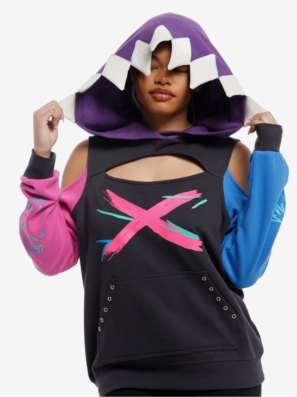 Arcane Jinx Shark Hood Girls Off-Shoulder Hoodie